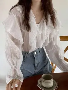 Shein 無地柄 フリルトリム フラウンススリーブ ブラウス Rizz