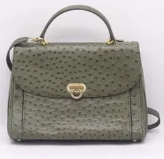 OSTRICH オーストリッチ レザー ハンドバッグ カーキ フラップ 金具 OSTRICH オーストリッチ レザー ハンドバッグ カーキ フラップ 金具