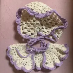 아이보리와 라벤더 크로셰 모자 카라 세트