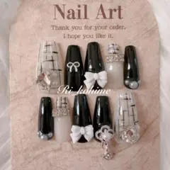 ネイルチップ現品地雷痛系ツイードフレンチワンホン韓国ブラック黒メンカラ推しネイル