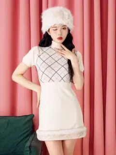 Darich チェックファーニットミニワンピース