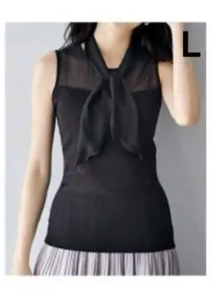 【新品】シフォン　綿100%　ボウタイ付き　タンクトップ　ブラック　Ｌサイズ