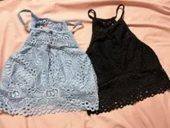 新品✴︎胸元開きハイネックレースクロップドトップス2点セット、黒、水色