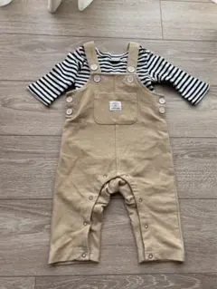 プティマイン　ベージュロンパース ストライプ柄シャツ　70size