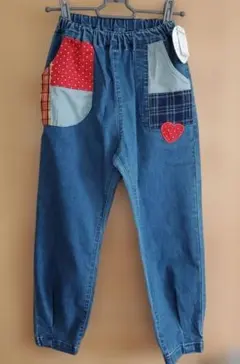 新品♥ムージョンジョン♥デニムブルー パッチワークポケット 長ズボン 130のサムネイル