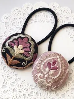 【No.163】インド刺繍 くるみボタン38㎜ ヘアゴム 2個セット