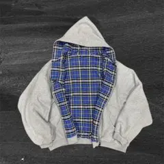 リバーシブルパーカー ブルーチェック グレー フードパーカー ユニセックス 青