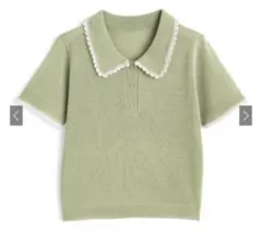 オリーブグリーン 襟付き半袖ニット