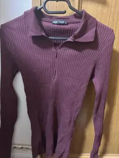 リブ編みジッパー付き長袖トップス バーガンディ