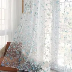 カーテン　レースカーテン　100cm 200 花柄　ブルー　レース　2枚セット
