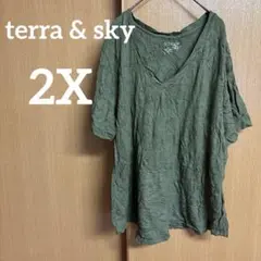 terra & sky【2X】グリーン Vネック Tシャツ 半袖 ゆったり 春夏
