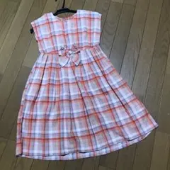 オレンジ系チェックリボンワンピース140