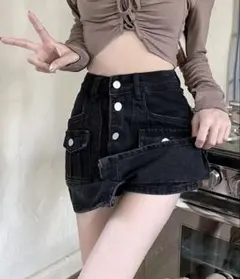 ボタンフライデニムスカパン　黒