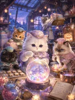 白い長毛猫が光る水晶球を囲む猫たちのお菓子作りと星灯りの3DCG風 d41