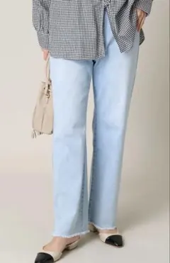 ストレッチデニムストレートパンツ　ライトブルー　S フリンジ