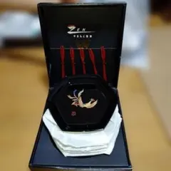 やまもと寛斎　鳳凰デザイン六角皿5枚とフォーク5本セット合成漆器