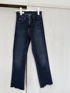 ZARAダークブルー ハイウエストデニム フリンジ裾