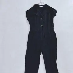 【LUSH】麻混ブラックオールインワン M 半袖 きれいめ