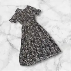 オフオン　半袖ワンピース　フレア　ネイビー花柄　ウエストゴム　Lサイズ