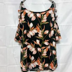 半袖 トップス カットアウトショルダー 花柄 ブラック オレンジ 夏