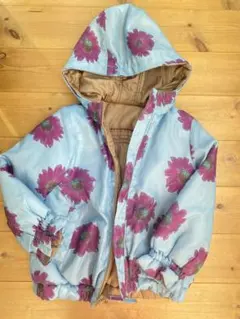 2wayフード付きダウンコート 水色 花柄 ブラウン リバーシブル
