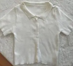 ホワイトリブ編み半袖ポロシャツ