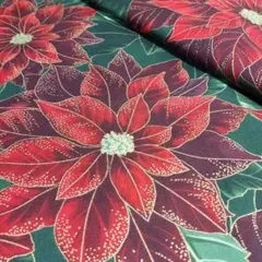 ✿【USAクリスマス㊹】ポインセチア大輪<シーチング> 生地 布 [赤×緑系]
