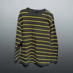 UNIQLO XL グレー/イエロー ストライプ ロングTシャツ