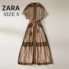 美品 ZARA ノーカラー　総柄ワンピース S ペイズリー柄　ベルト付