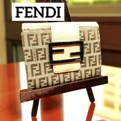FENDI 二つ折り財布 モノグラム柄ズッカ キャンバス レザー ベージュ