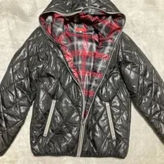 フード付きダウンジャケット M 黒/内赤チェック