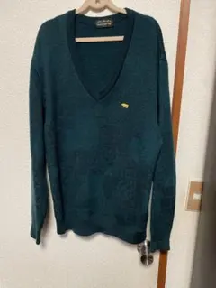 ダークグリーン Vネックニットセーター
