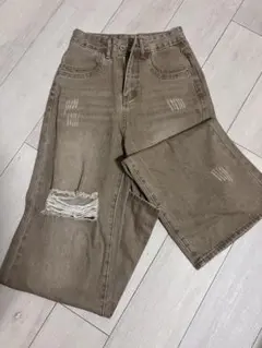 新品未使用 menot ワイドデニムパンツ ブラウン ダメージ加工