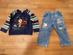 90 アンパンマンコレクション　トレーナー　ズボン　刺繍　ネイビー　ニット袖