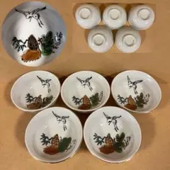 時代物 鶴 亀 松 猪口 寿 5客 盃 ぐい呑み 小鉢 縁起物 酒器 和食器