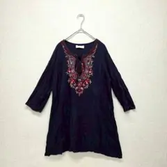 LETTER トップス チュニック 刺繍 ロング丈 ブラック Lサイズ