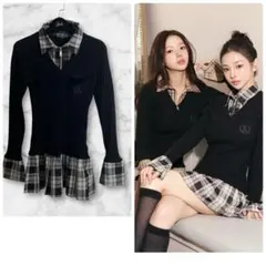 randy カービーニットチェックドッキングワンピース FS ブラック