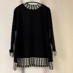 ハウンドトゥース柄ニットチュニック 黒