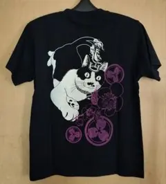 和柄プリント Tシャツ 濃紺色 五徳猫