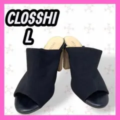 美品　[CLOSSHI] 太ヒール　オープントゥ　サンダル　ブラック　リボン飾