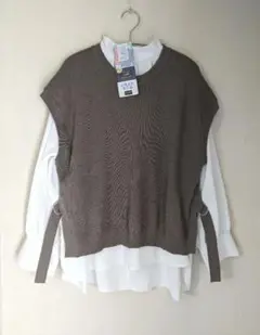 新品【大きいサイズ】クロッシープレミアム モカ色両サイドベルト付ニットベストLL