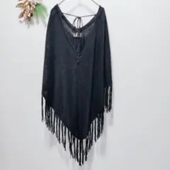 スフレ ニットポンチョ フリンジ Vネック 透かし網 シースルー エスニック