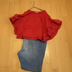ELENCARE DUE 赤 フリル袖 Tシャツ短丈