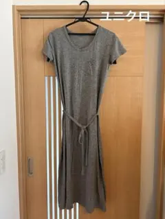 ユニクロ　グレー 膝丈 半袖 ワンピース 胸ポケット付き　部屋着　春夏　薄手