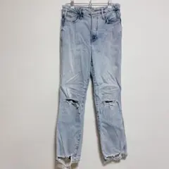ダメージ加工ライトブルーデニムパンツ 【S〜M相当】レディース ジーンズ