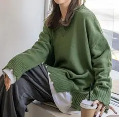 ニット セーター 長袖 Vネック トップス 長袖セーター 深緑 XL ゆったり