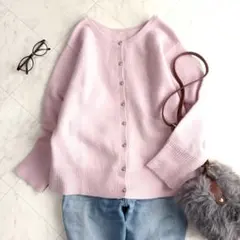 【ドゥドゥ】カーディガン　ファー　ウールカシミヤ　クルーネック　銀ボタン　ピンク