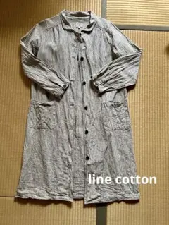 リネンコットン　ピンストライプ　アンティーク調　ロングコート　ナチュラルベージュ