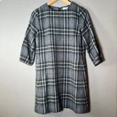 美品【Golden Bear】ツイード調ウール混チェック柄ワンピースM裏地付