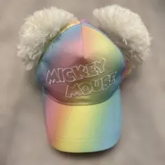 ふわふわ耳付きキャップ　ディズニーリゾート公式　帽子　ミッキー　レインボー